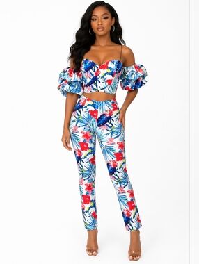 Tropical Floral Two-Piece Crop Top & High-Waist Pants